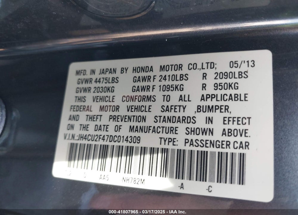 2013 ACURA TSX VIN: JH4CU2F47DC014309