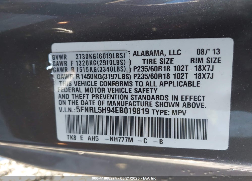 2014 HONDA ODYSSEY TOURING/TOURING ELITE VIN: 5FNRL5H94EB019819