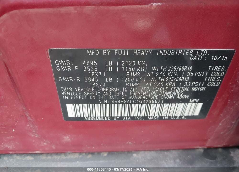 2016 SUBARU OUTBACK VIN: 4S4BSALC4G3236671