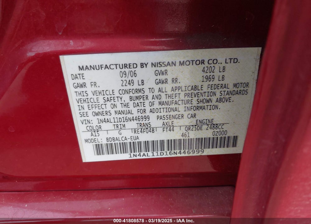 2006 NISSAN ALTIMA VIN: 1N4AL11D16N446999