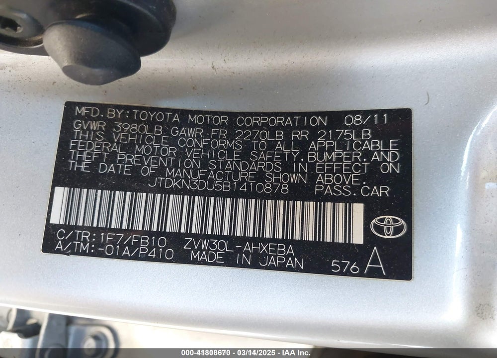 2011 TOYOTA PRIUS VIN: JTDKN3DU5B1410878