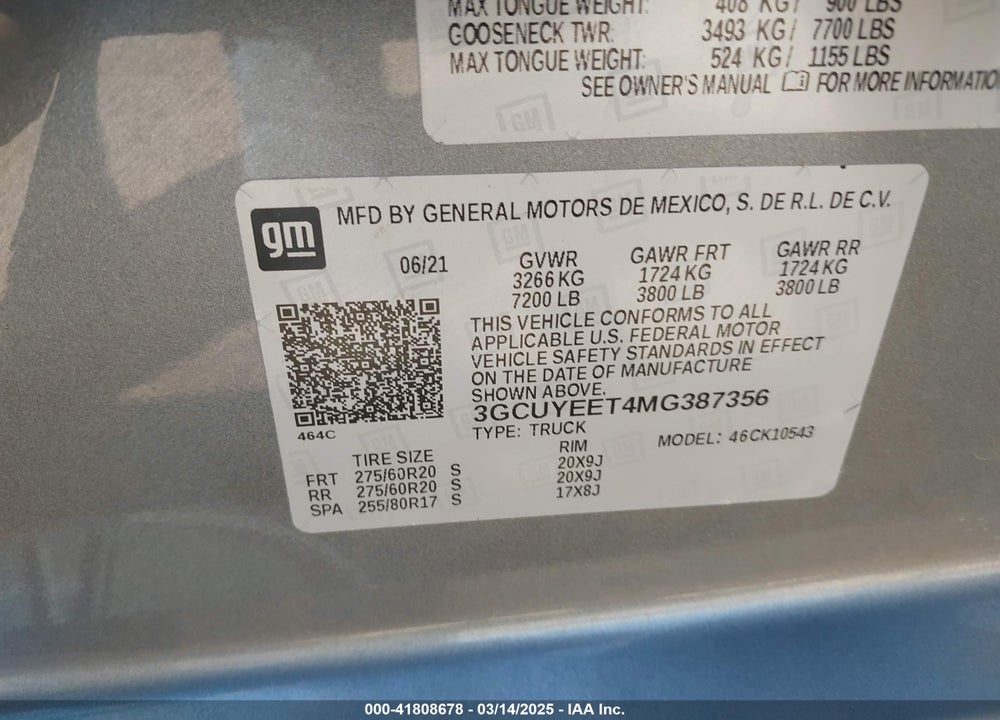 2021 CHEVROLET SILVERADO 1500 VIN: 3GCUYEET4MG387356