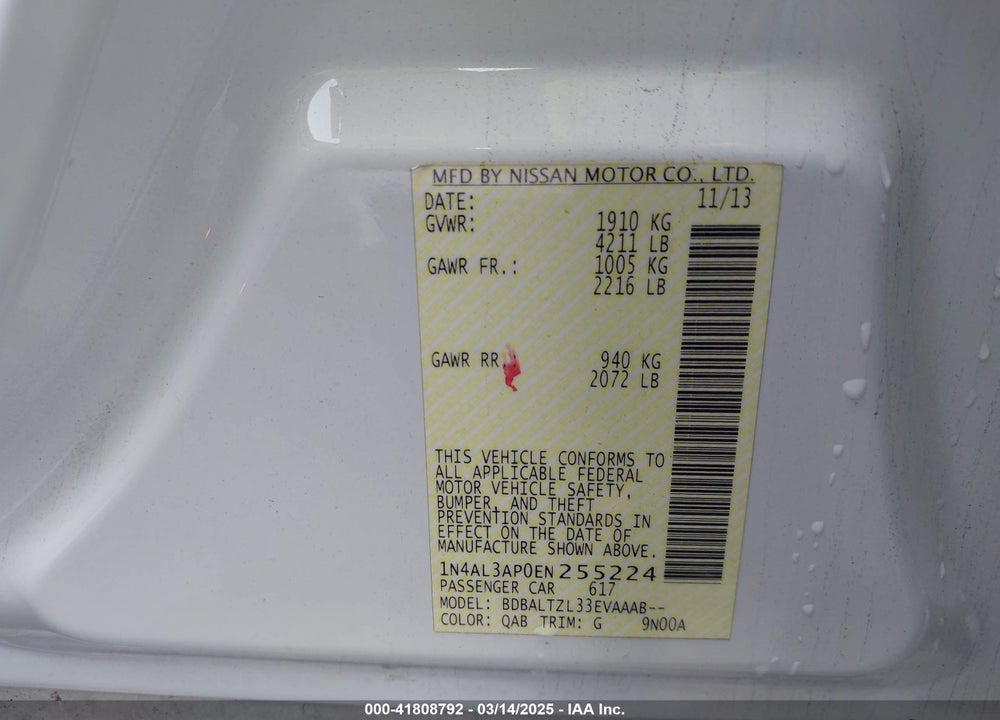 2014 NISSAN ALTIMA VIN: 1N4AL3AP0EN255224