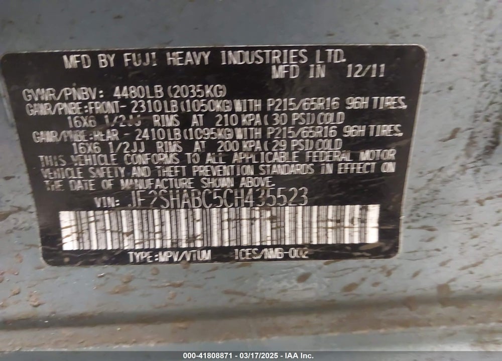 2012 SUBARU FORESTER VIN: JF2SHABC5CH435523