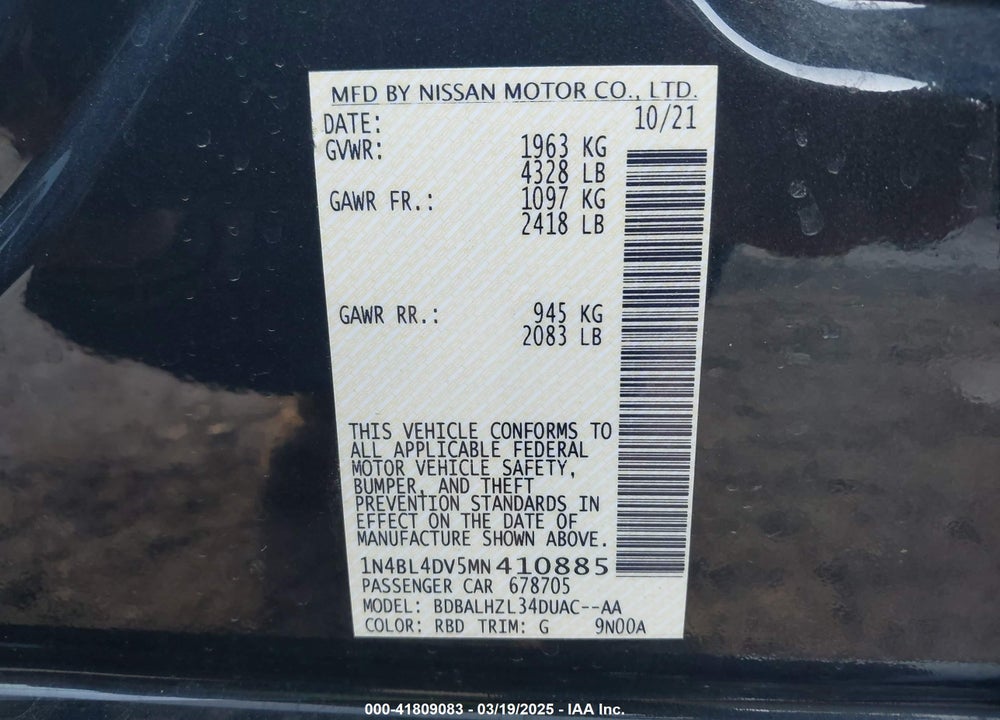 2021 NISSAN ALTIMA VIN: 1N4BL4DV5MN410885