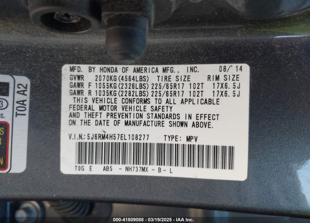 2014 HONDA CR-V VIN: 5J6RM4H57EL108277