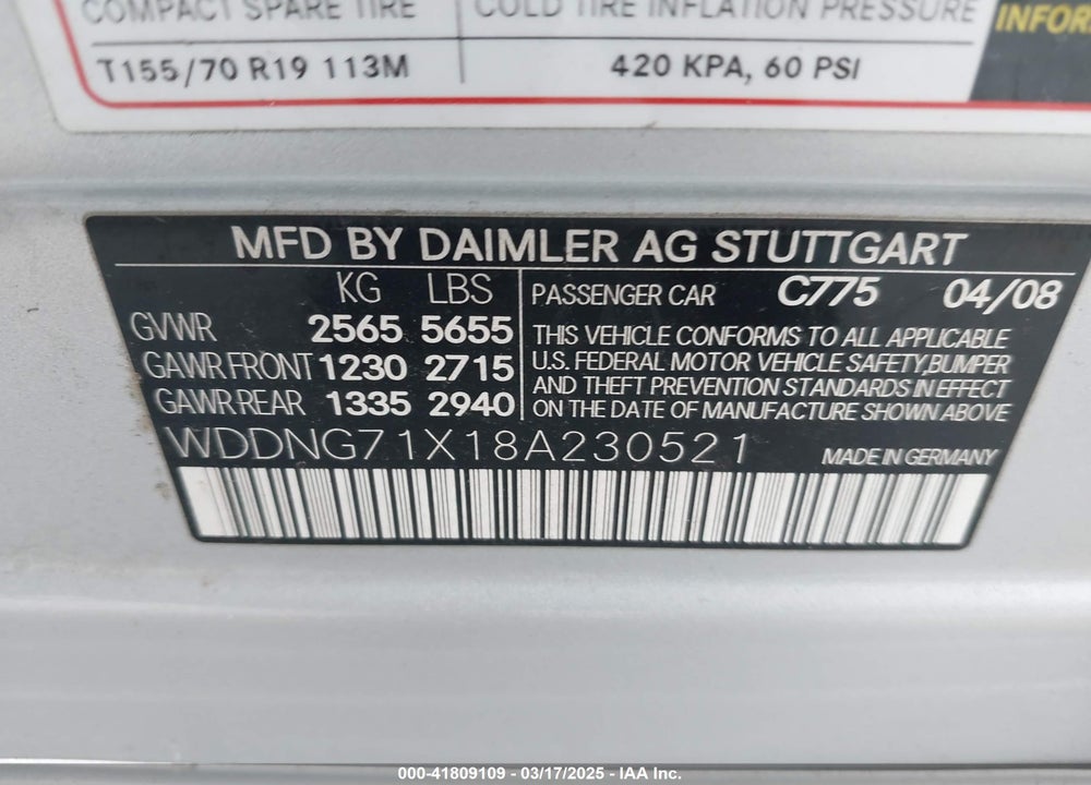 2008 MERCEDES-BENZ S VIN: WDDNG71X18A230521