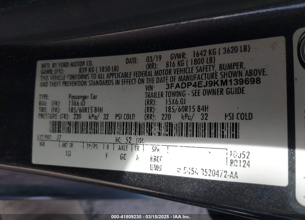 2019 FORD FIESTA SE VIN: 3FADP4EJ9KM139698