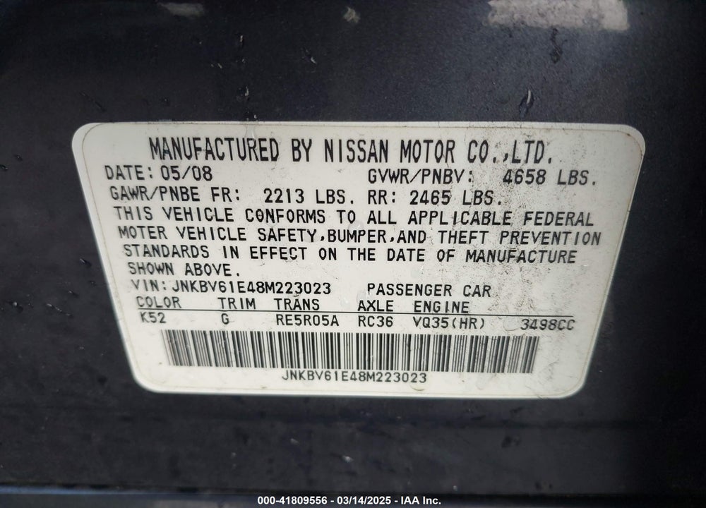 2008 INFINITI G35 JOURNEY VIN: JNKBV61E48M223023
