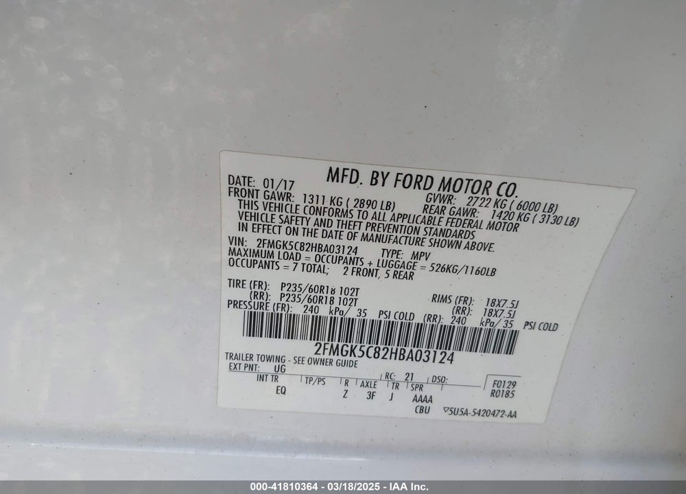 2017 FORD FLEX VIN: 2FMGK5C82HBA03124