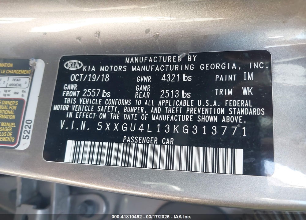 2019 KIA OPTIMA VIN: 5XXGU4L13KG313771