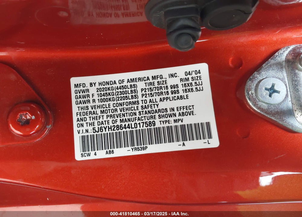 2004 HONDA ELEMENT EX VIN: 5J6YH28644L017589