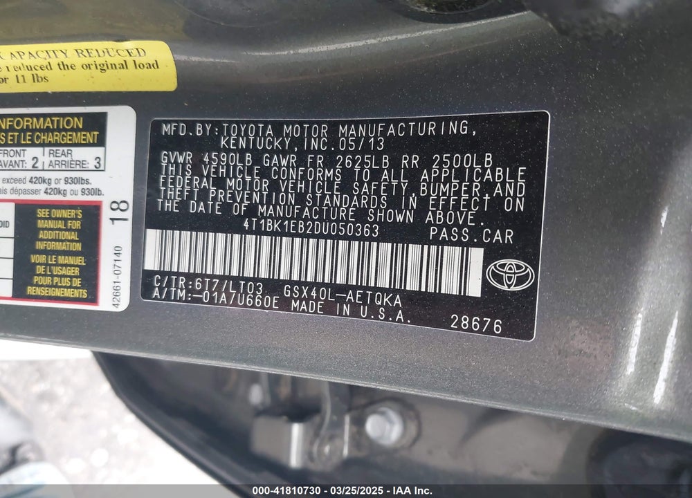 2013 TOYOTA AVALON XLE TOURING VIN: 4T1BK1EB2DU050363