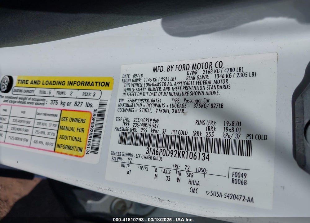 2019 FORD FUSION VIN: 3FA6P0D92KR106134