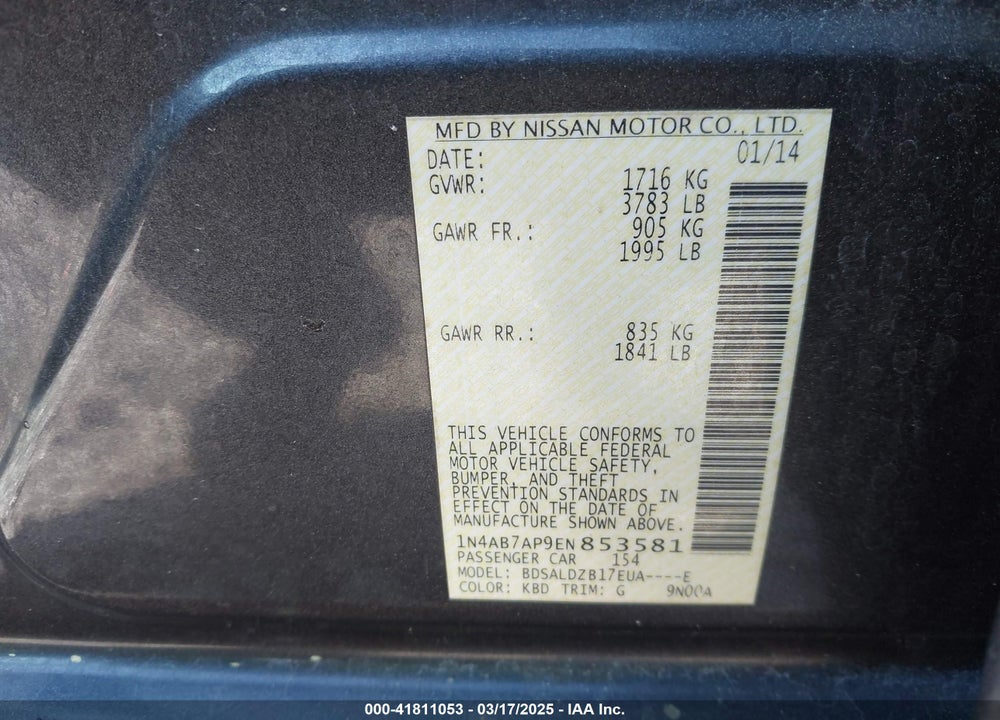 2014 NISSAN SENTRA FE+ S/FE+ SV/S/SL/SR/SV VIN: 1N4AB7AP9EN853581