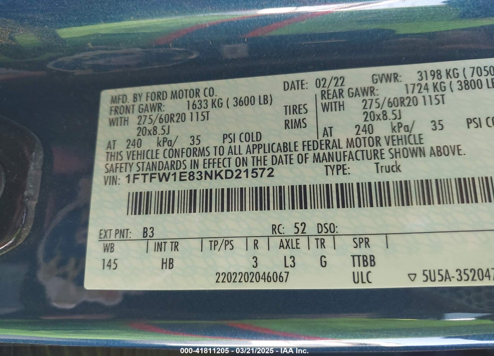 2022 FORD F-150 LARIAT VIN: 1FTFW1E83NKD21572