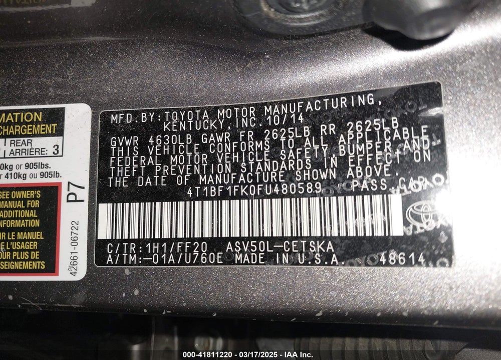 2015 TOYOTA CAMRY SE VIN: 4T1BF1FK0FU480589