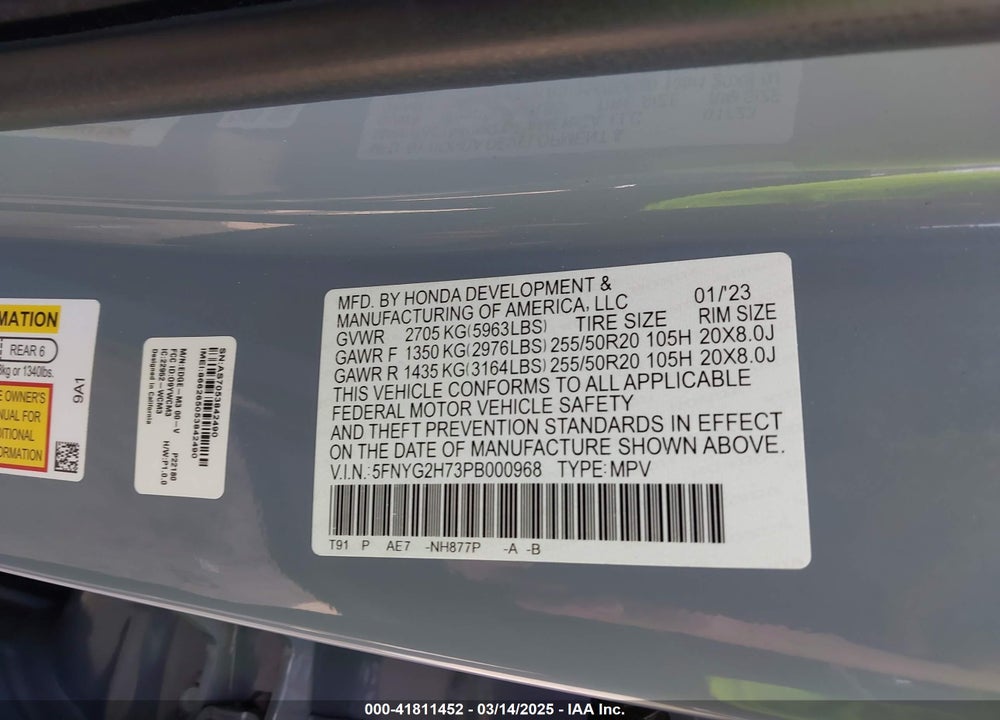 2023 HONDA PILOT VIN: 5FNYG2H73PB000968