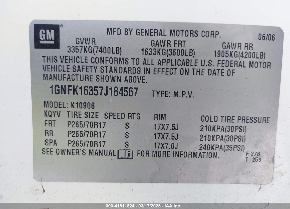 2007 CHEVROLET SUBURBAN 1500 LT VIN: 1GNFK16357J184567