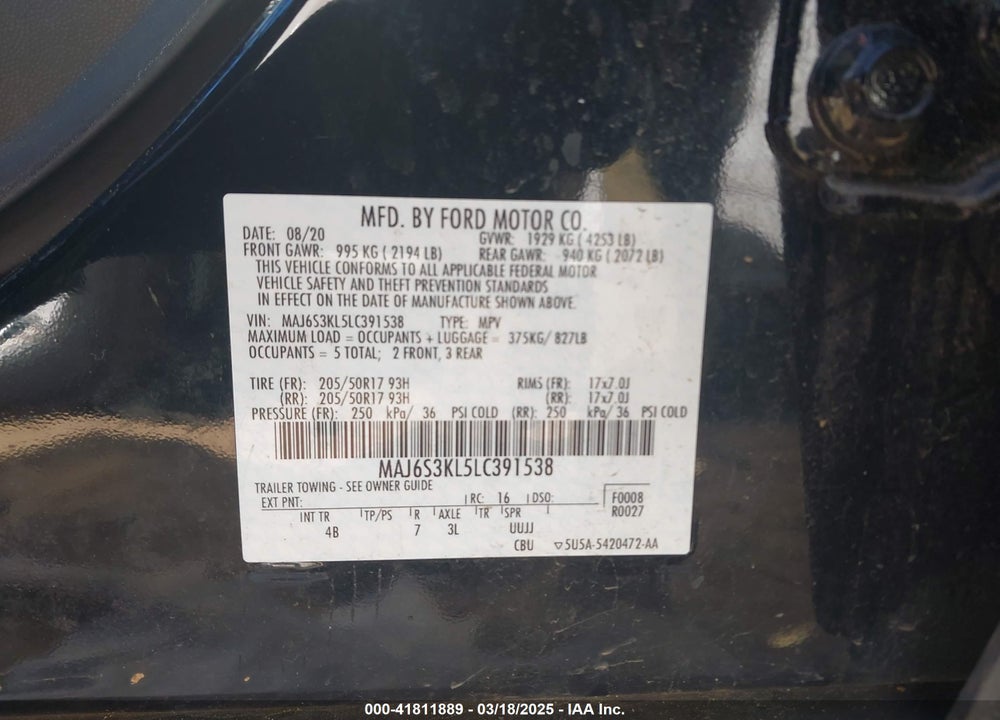 2020 FORD ECOSPORT VIN: MAJ6S3KL5LC391538