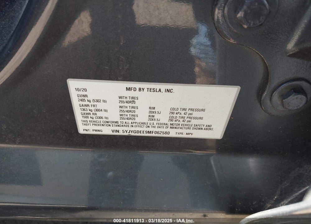 2021 TESLA MODEL Y VIN: 5YJYGDEE9MF062580