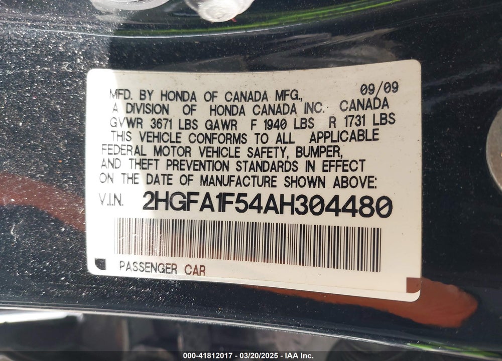 2010 HONDA CIVIC VIN: 2HGFA1F54AH304480
