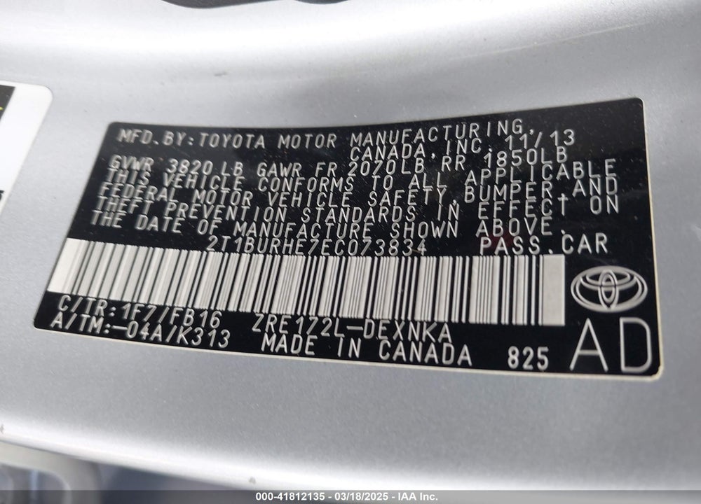 2014 TOYOTA COROLLA VIN: 2T1BURHE7EC073834