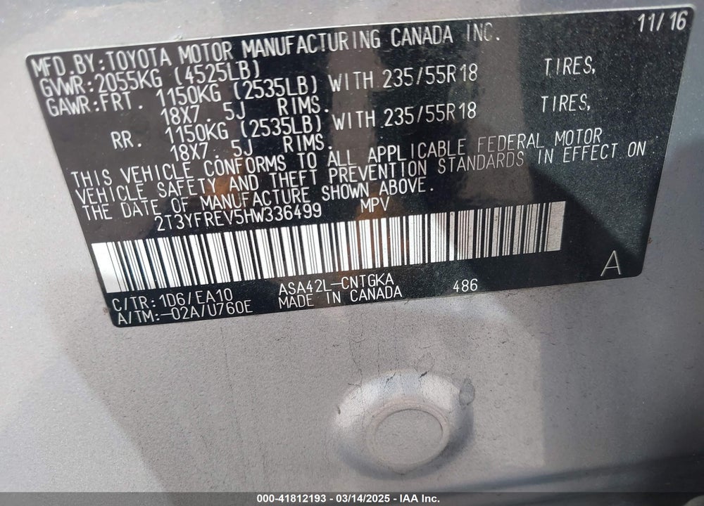2017 TOYOTA RAV4 VIN: 2T3YFREV5HW336499
