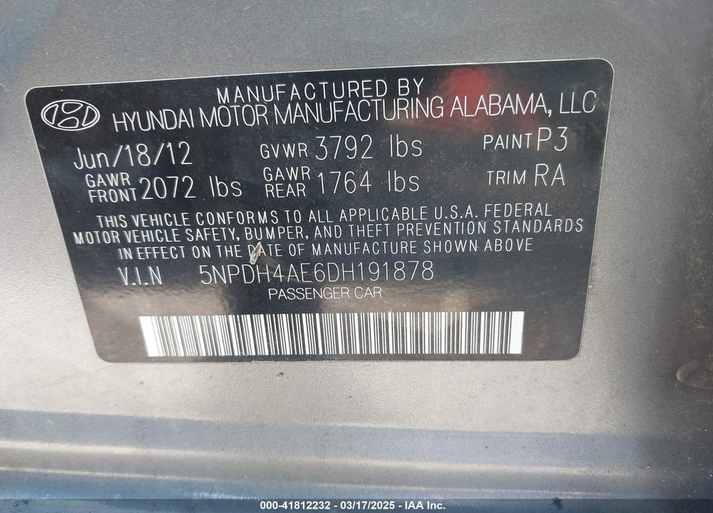 2013 HYUNDAI ELANTRA VIN: 5NPDH4AE6DH191878