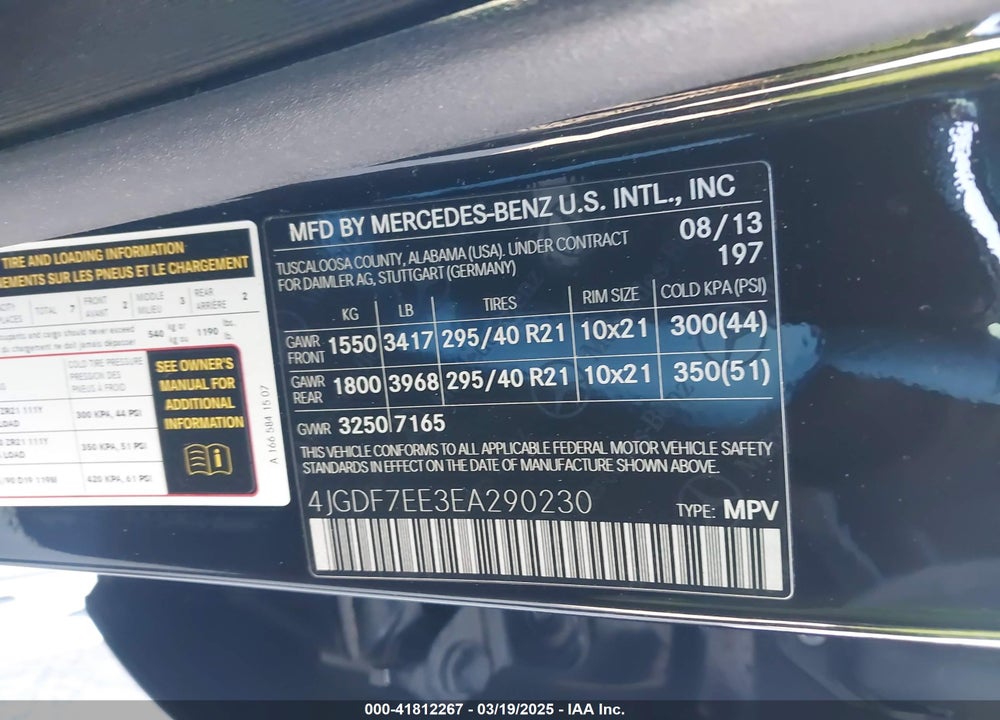 2014 MERCEDES-BENZ GL 63 AMG VIN: 4JGDF7EE3EA290230