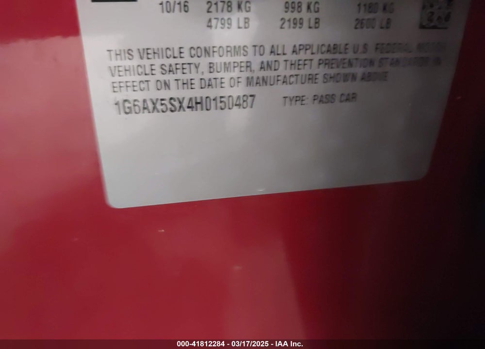 2017 CADILLAC CTS VIN: 1G6AX5SX4H0150487