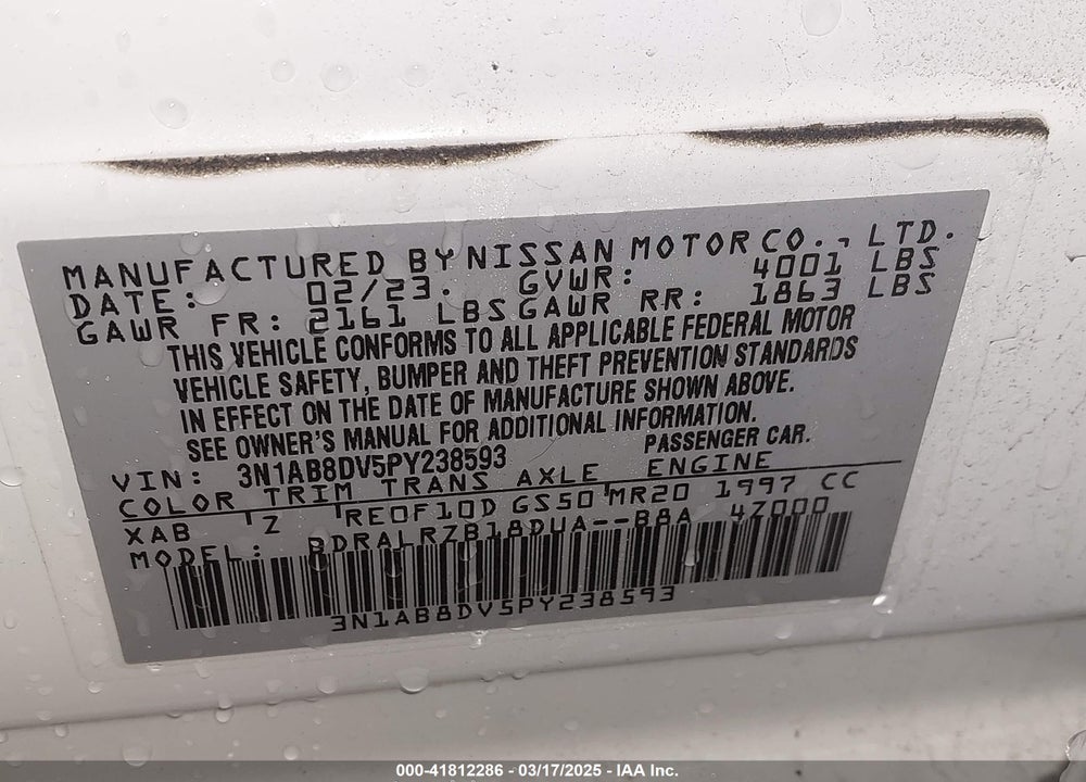 2023 NISSAN SENTRA VIN: 3N1AB8DV5PY238593