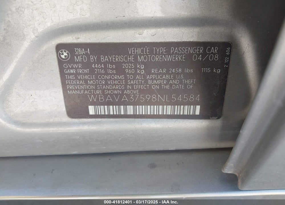 2008 BMW 328I VIN: WBAVA37598NL54584