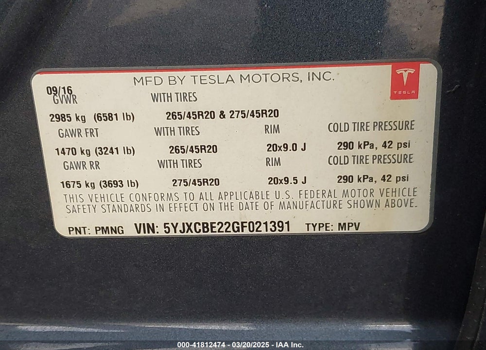 2016 TESLA MODEL X VIN: 5YJXCBE22GF021391
