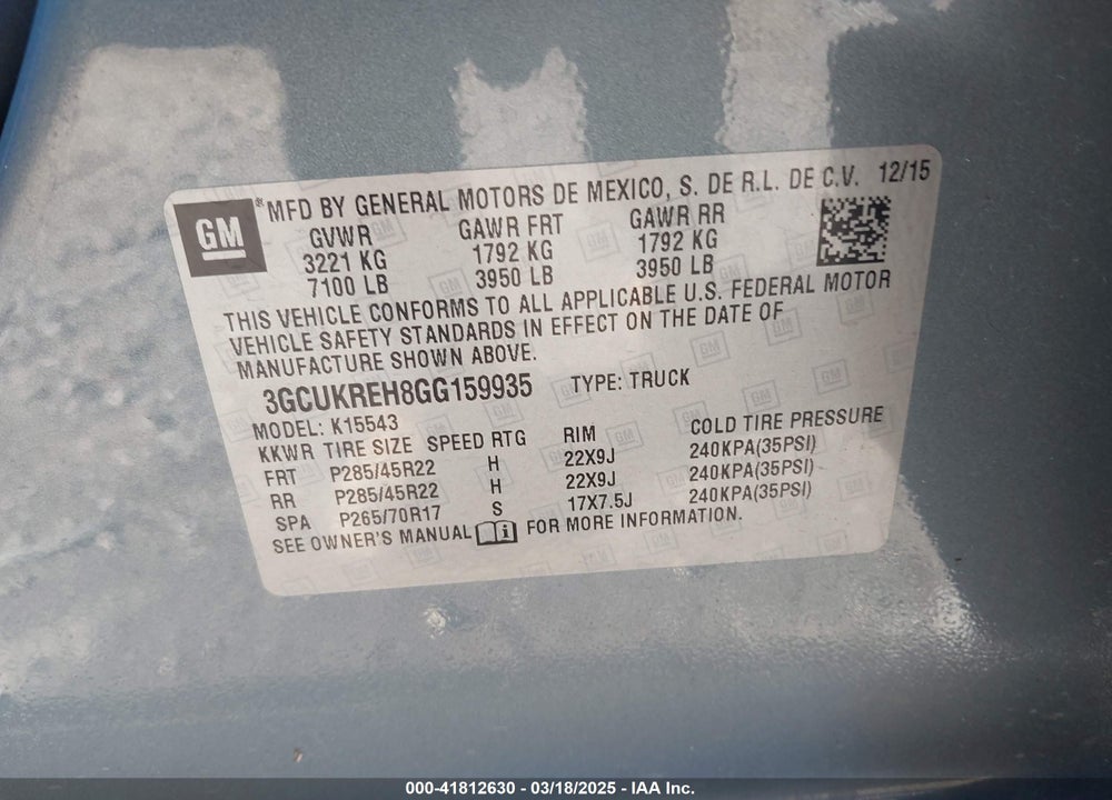2016 CHEVROLET SILVERADO 1500 1LT VIN: 3GCUKREH8GG159935