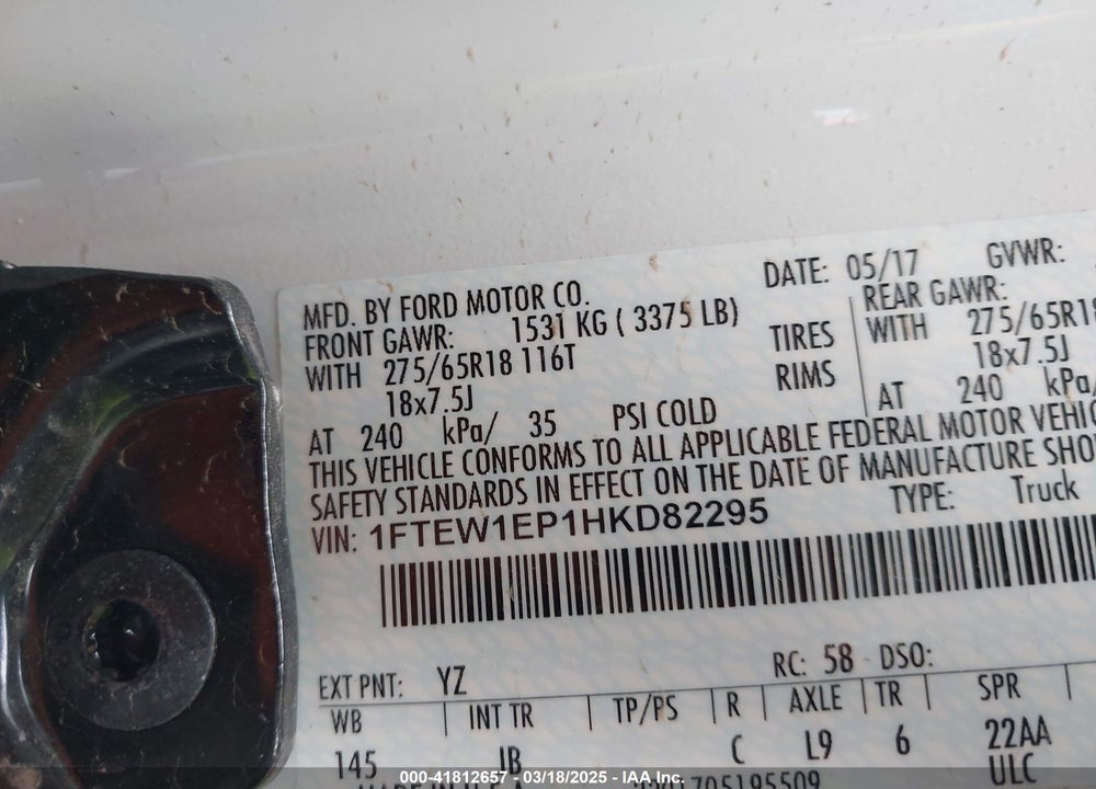 2017 FORD F-150 XLT VIN: 1FTEW1EP1HKD82295