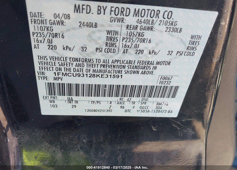 2008 FORD ESCAPE VIN: 1FMCU93128KE31591