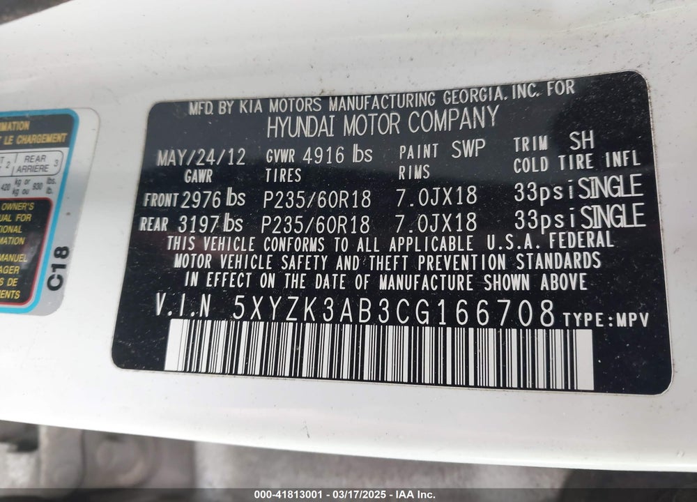 2012 HYUNDAI SANTA FE LIMITED VIN: 5XYZK3AB3CG166708