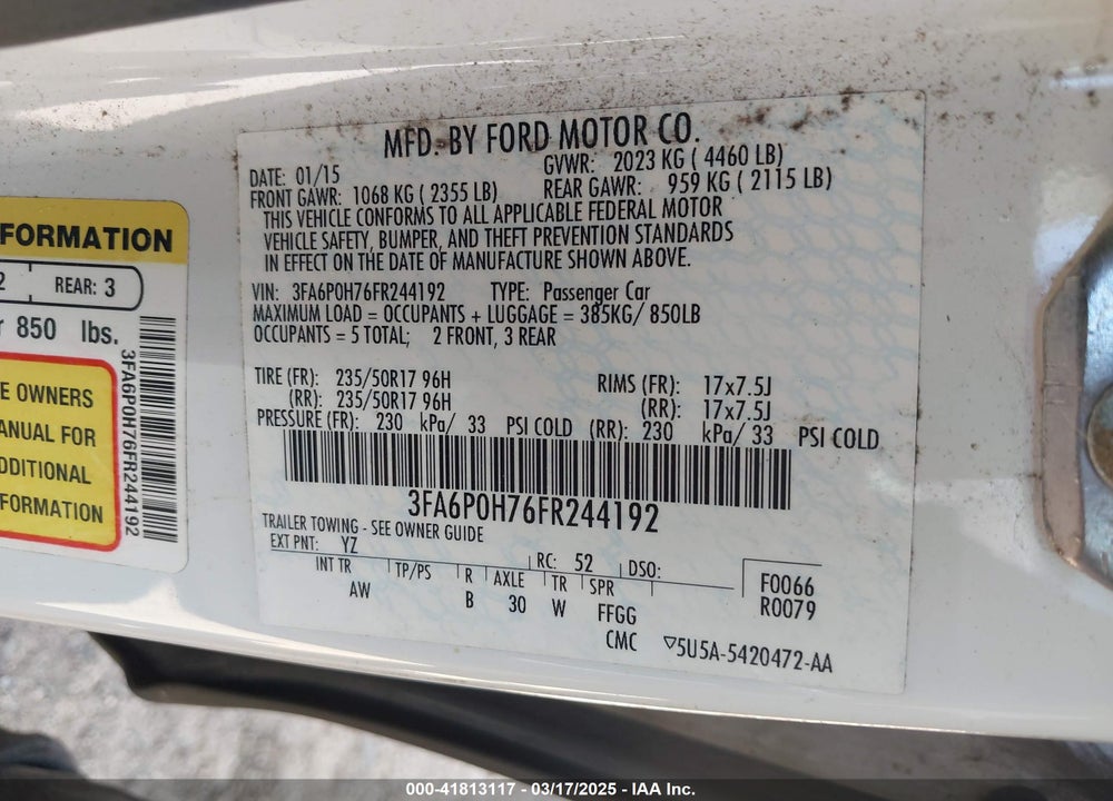 2015 FORD FUSION VIN: 3FA6P0H76FR244192