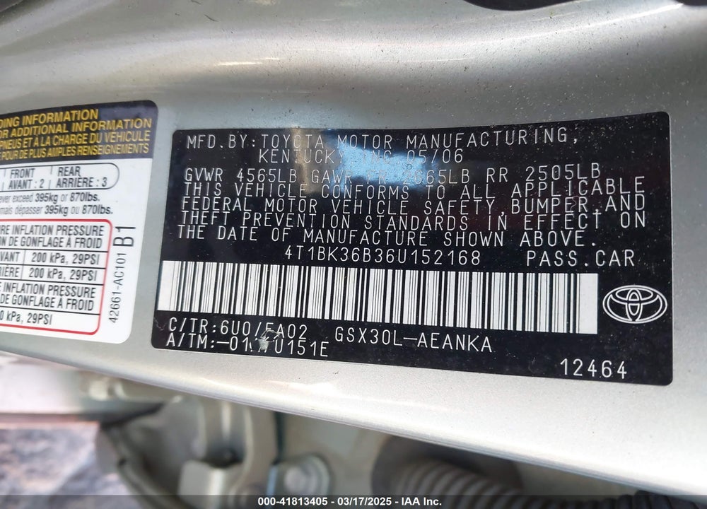 2006 TOYOTA AVALON XL VIN: 4T1BK36B36U152168