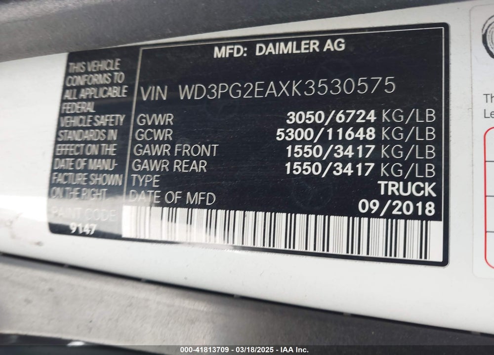 2019 MERCEDES-BENZ METRIS VIN: WD3PG2EAXK3530575