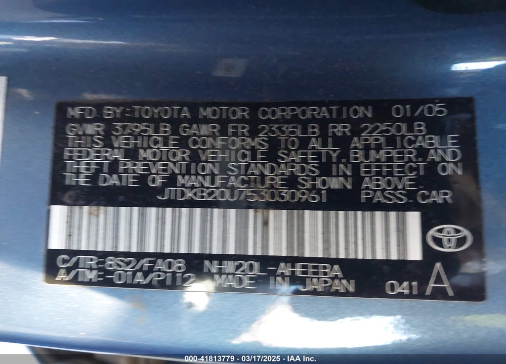 2005 TOYOTA PRIUS VIN: JTDKB20U753030961