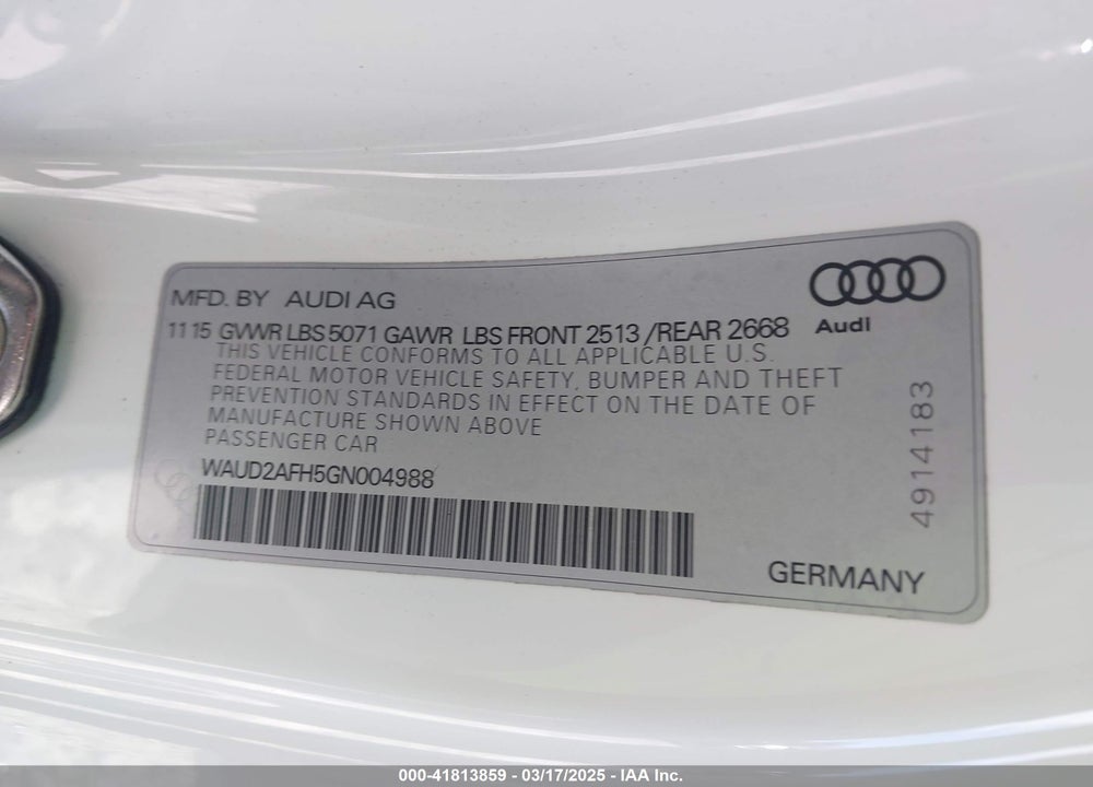2016 AUDI A5 VIN: WAUD2AFH5GN004988