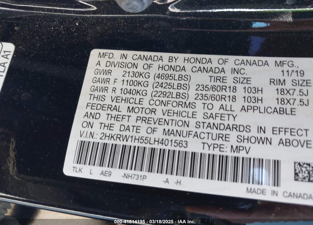 2020 HONDA CR-V 2WD EX VIN: 2HKRW1H55LH401563