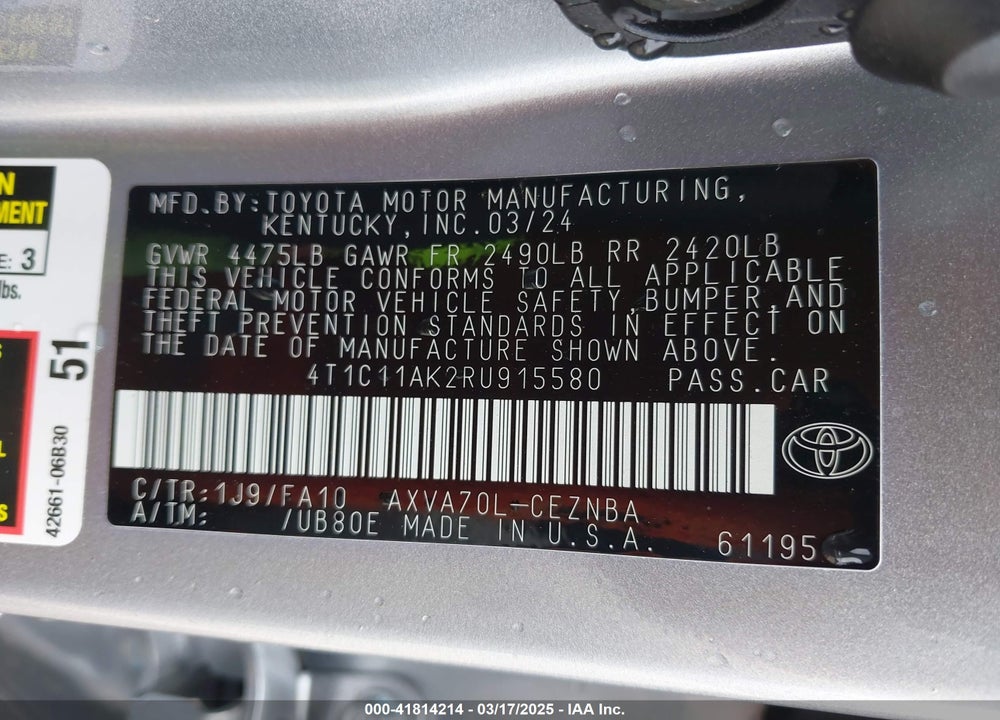 2024 TOYOTA CAMRY LE VIN: 4T1C11AK2RU915580