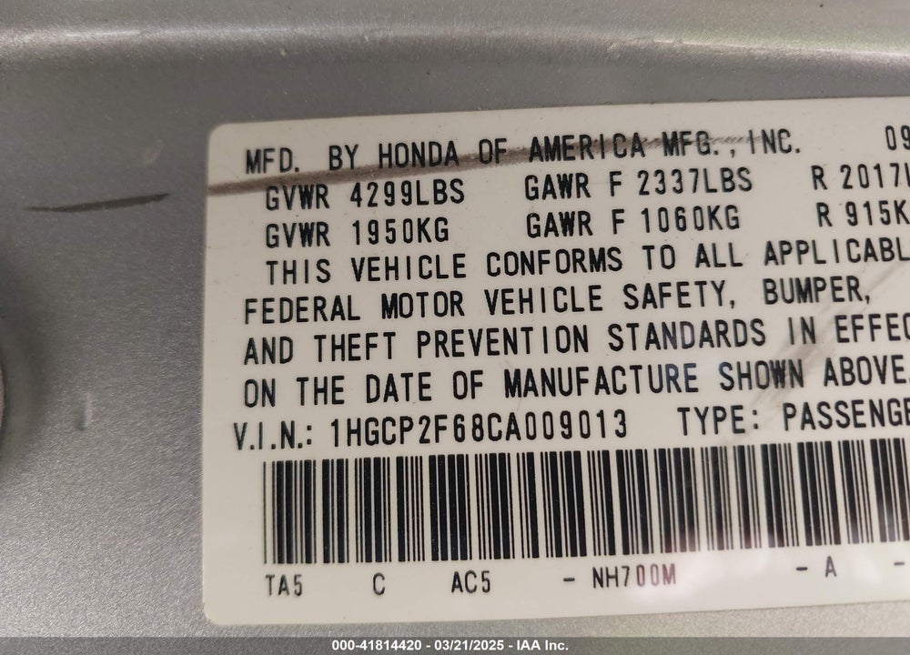 2012 HONDA ACCORD VIN: 1HGCP2F68CA009013