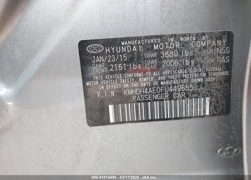 2015 HYUNDAI ELANTRA SE VIN: KMHDH4AE0FU449655
