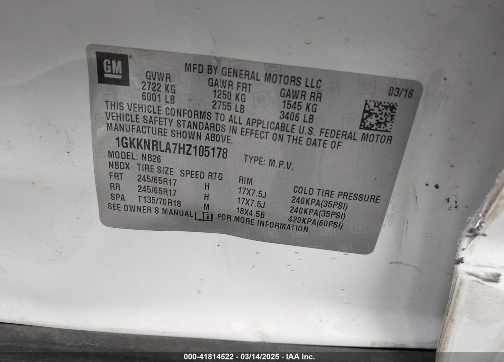 2017 GMC ACADIA SLE-1 VIN: 1GKKNRLA7HZ105178