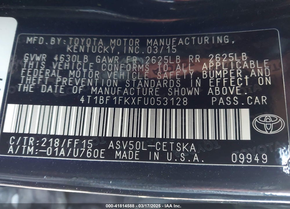 2015 TOYOTA CAMRY SE VIN: 4T1BF1FKXFU053128