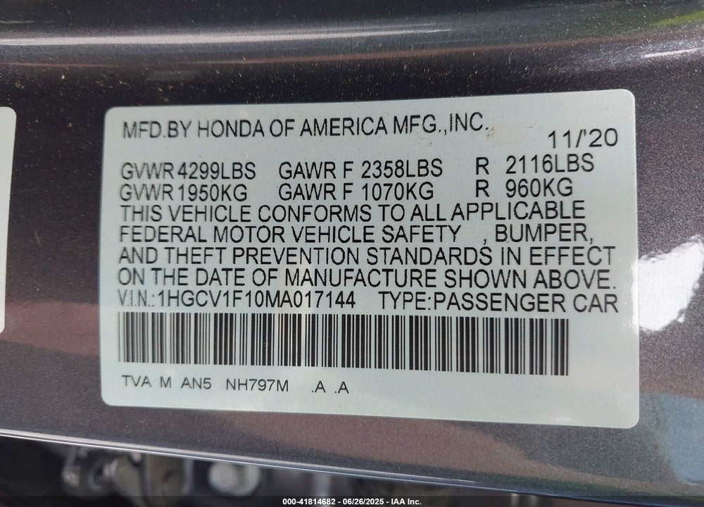 2021 HONDA ACCORD VIN: 1HGCV1F10MA017144